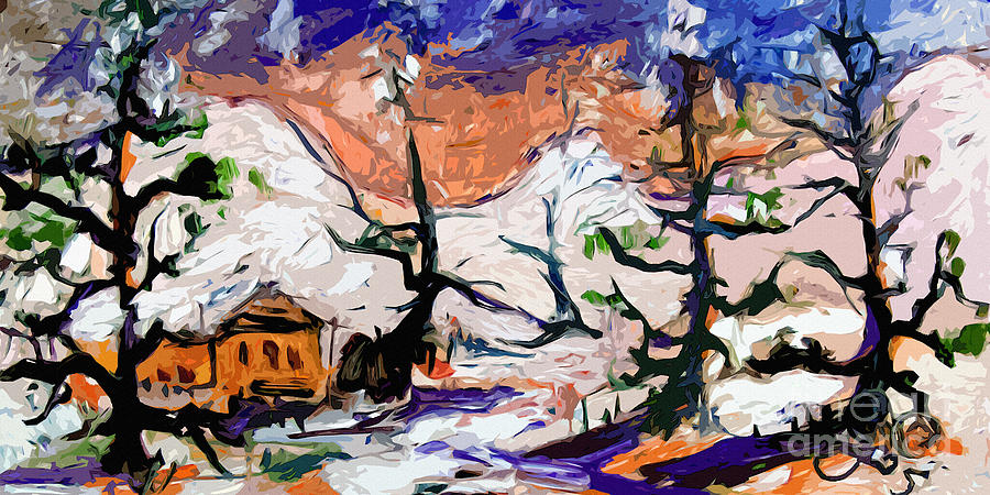 Abstract Cabin In The Snow Winterscene Painting by Ginette Callaway