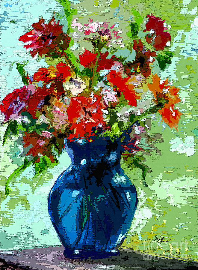 Abstract Floral Still Life Blue Vase Painting by Ginette Callaway