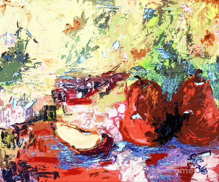 Abstract Red Pears Still Life Painting by Ginette Callaway