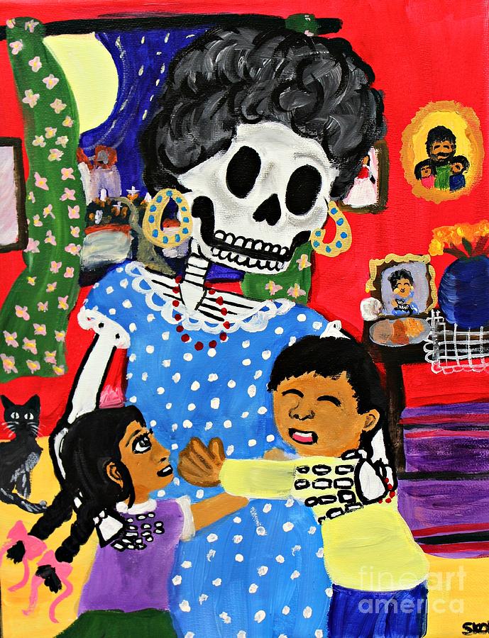 Skeleton Painting - Abuela Con Chicos by Sonia Orban-Price
