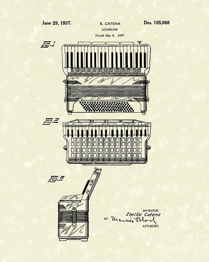 Accordion 1937 Patent Art Drawing by Prior Art Design
