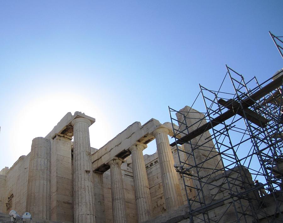 Acropolis Majestic Columns with the Sun Backdrop During 2011 Construction Renovation Athens Greece Photograph by John Shiron