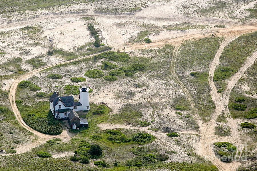Aerial view of Stage Harbor Light in Chatham on Cape Cod Massac