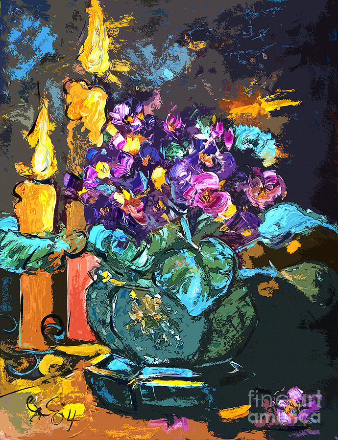 African Violets in Candlelight Still Life Painting by Ginette Callaway