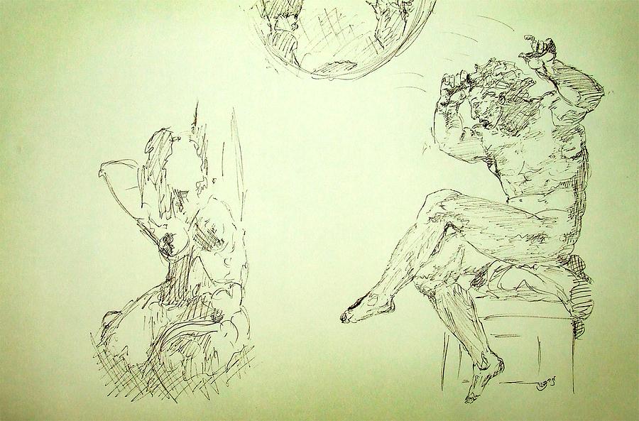 Agony and Atlas Sketch of Him Throwing the World onto Her as he Transforms Life Burden to Freedom Drawing by MendyZ M Zimmerman