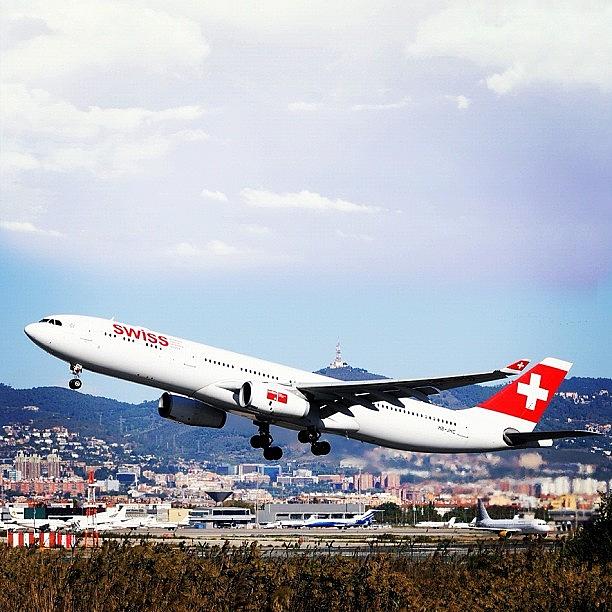 Barcelona Photograph - Airbus A330 From Swiss Air Departing by Juan Borras