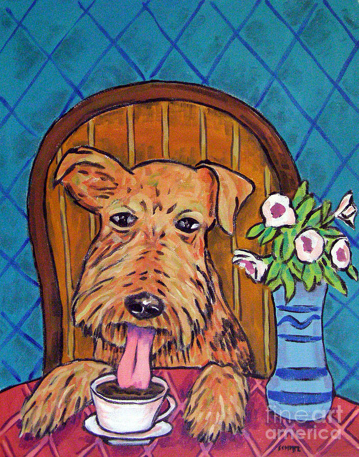 Coffee Painting - Airedale Terrier at the Coffee Shop by Jay  Schmetz