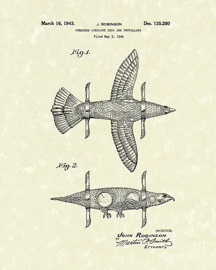 Airplane Bird Body Design 1943 Patent Art Drawing by Prior Art Design