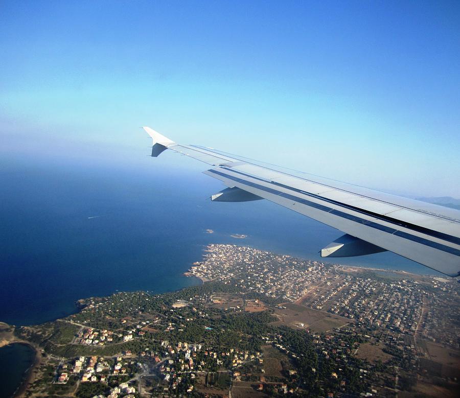 Airplane Wing Aerial View Mediterranean Sea Landing in Athens South of Greece Photograph by John Shiron