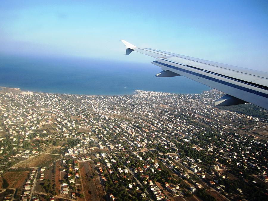 Airplane Wing Span Aerial View Mediterranean Sea Landing in Athens South of Greece. Photograph by John Shiron