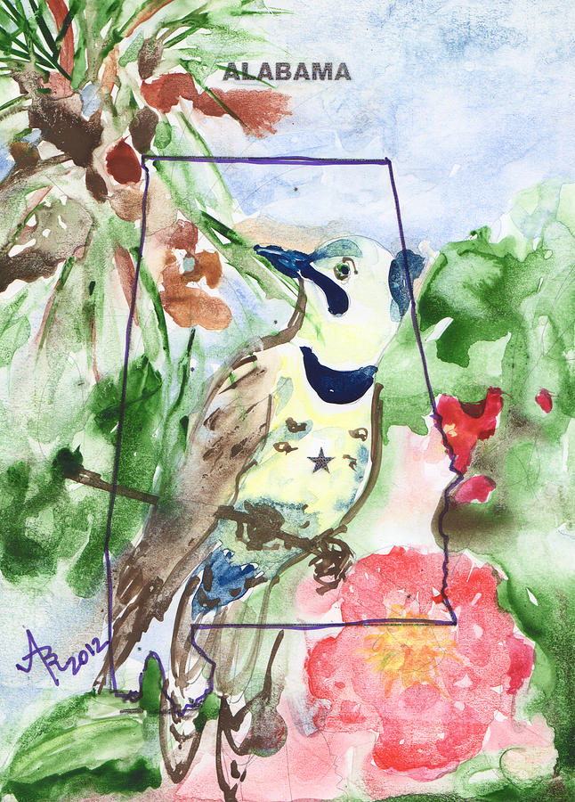 Alabama State Tree Bird Flower Painting by Anna Ruzsan