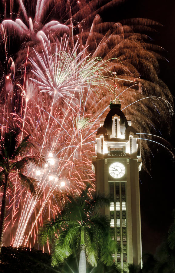 Aloha Tower Fireworks Photograph by Joe Carini - Printscapes