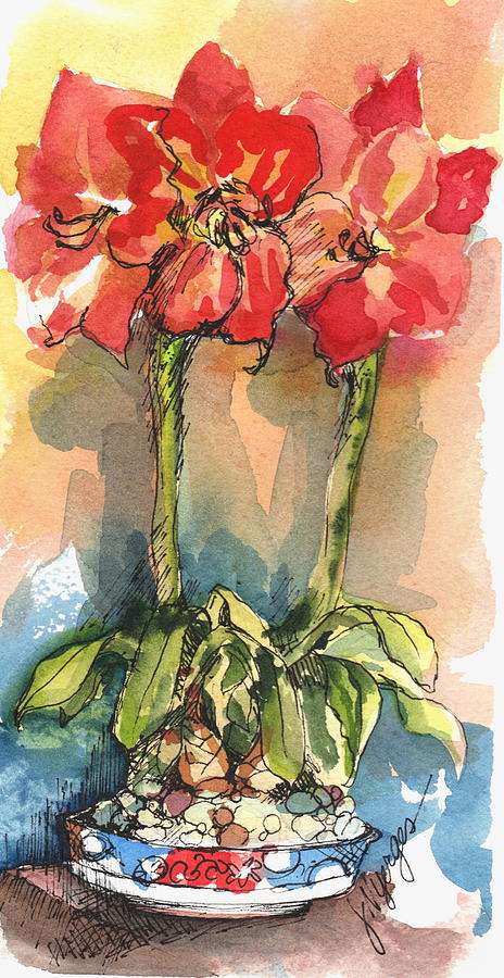 Flowers Still Life Painting - Amaryllis in an Imari Bowl by Judi Nyerges