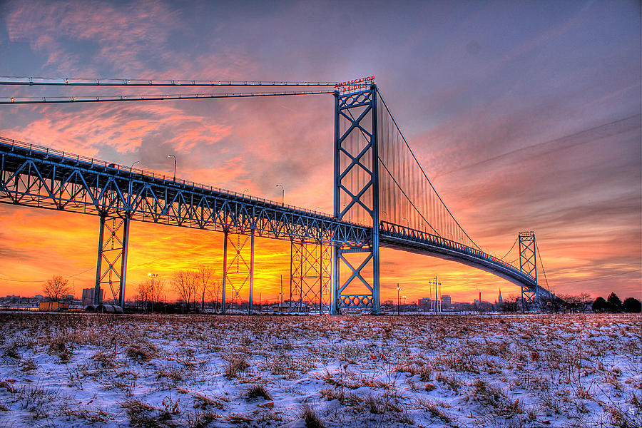 Ambassador Bridge Sunrise 1-16-2012  Detroit MI Photograph by Nicholas  Grunas