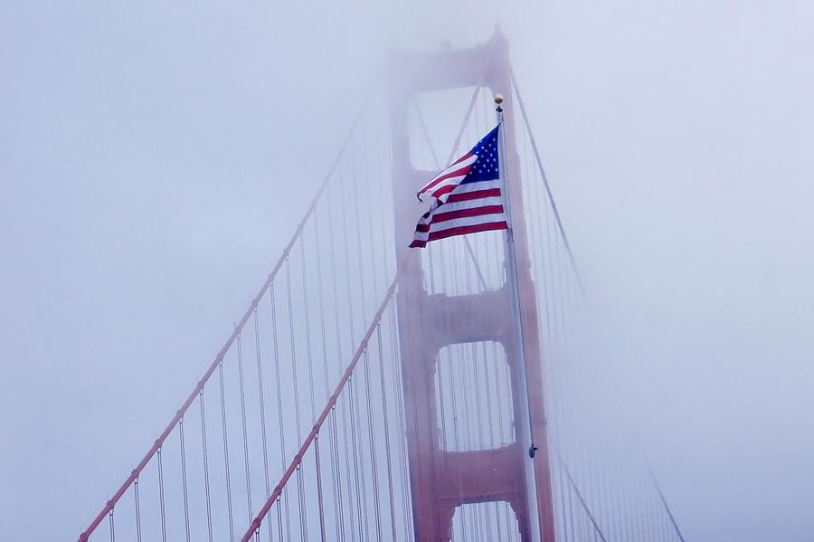 Nature Digital Art - Ameriican Flag on San Fransisco Bridge by Don Mann