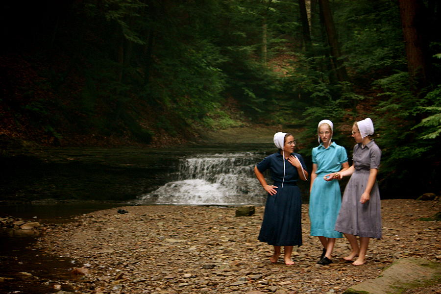 Amish Photograph - Amish Girls by Waterfall by MB Matthews.