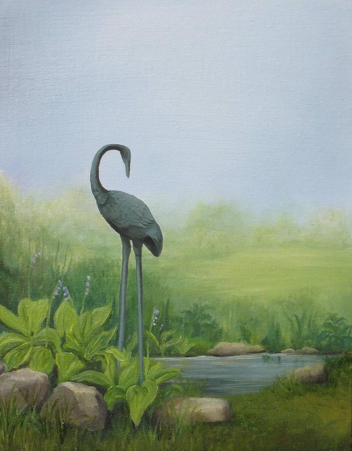 Crane Painting - Among the Hostas by Mary Rogers