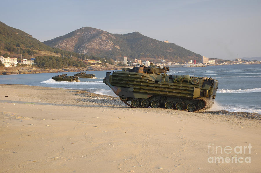 Beach Photograph - Amphibious Assault Vehicles Push by Stocktrek Images