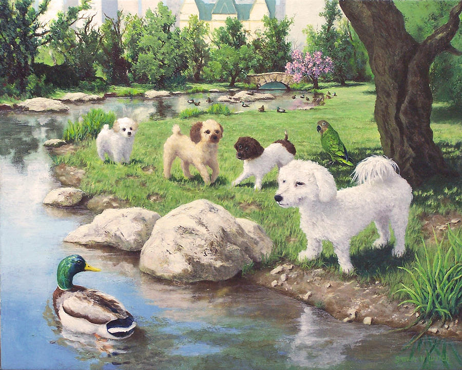 Dog Painting - Amys Poodles and Connie Central Park  NYC by Steven Welch