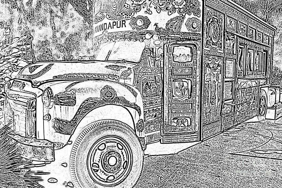 Anandapur Bus Animal Kingdom Walt Disney World Prints Black and White Photocopy Digital Art by Shawn OBrien