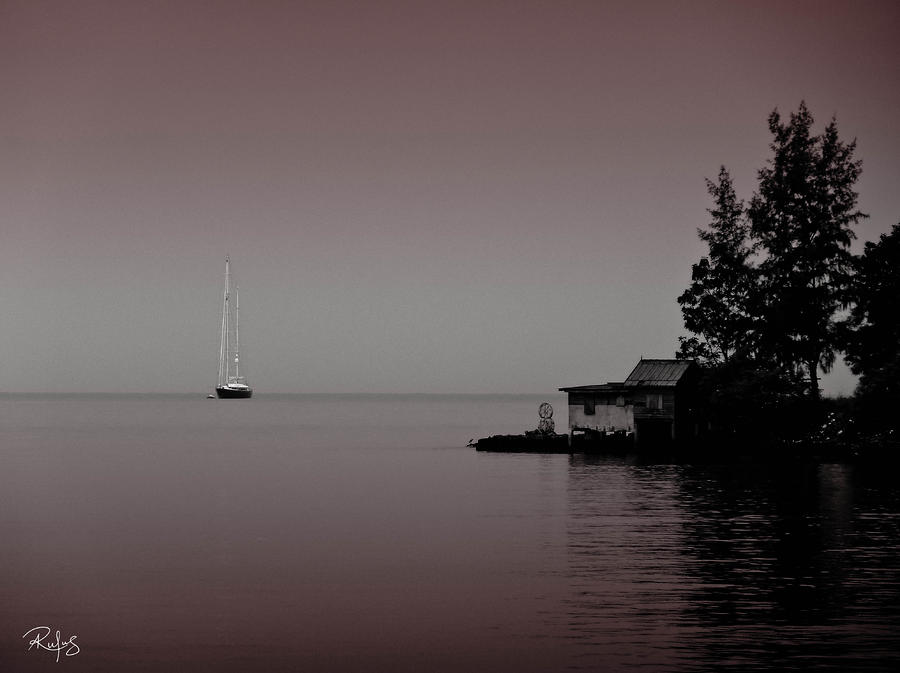 Yacht Photograph - Anchored near a Temple - Black and White by Allan Rufus Yacht Photograph - Anchored near a Temple - Black and White by Allan Rufus