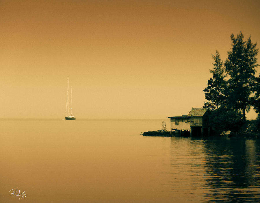 Yacht Photograph - Anchored near a Temple - Sepia by Allan Rufus Yacht Photograph - Anchored near a Temple - Sepia by Allan Rufus