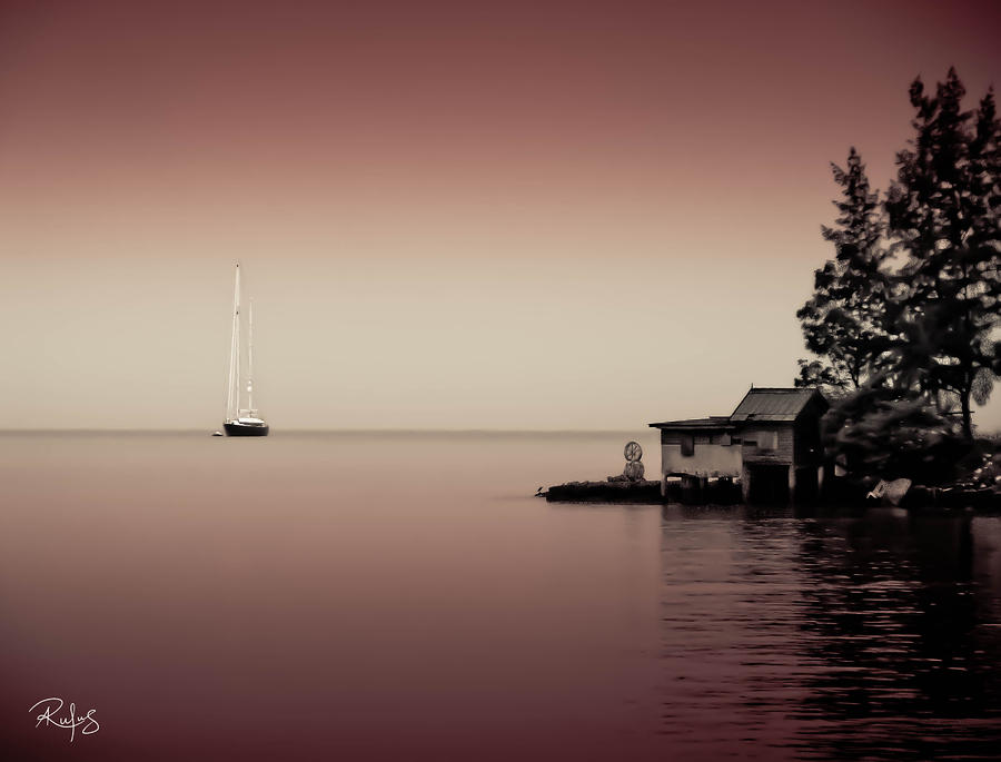 Yacht Photograph - Anchored near a Temple - Tint on red by Allan Rufus Yacht Photograph - Anchored near a Temple - Tint on red by Allan Rufus