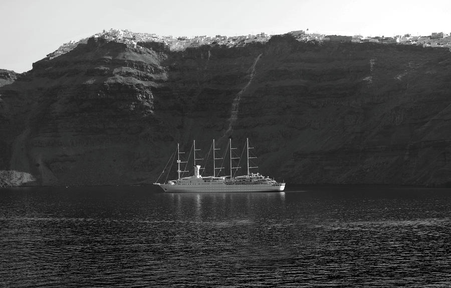 Boat Photograph - Anchored Off Santorini. by Terence Davis