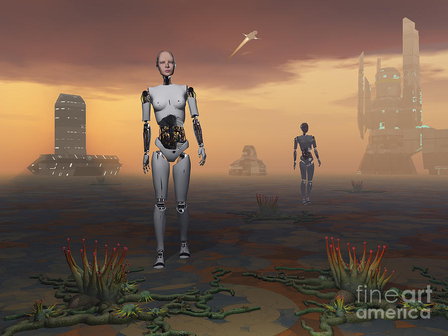 Planet Digital Art - Androids Explore An Alien Planet by Mark Stevenson