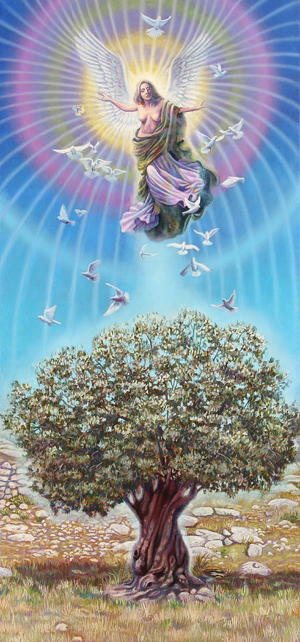 Angel over the olive tree Painting by Miguel Tio