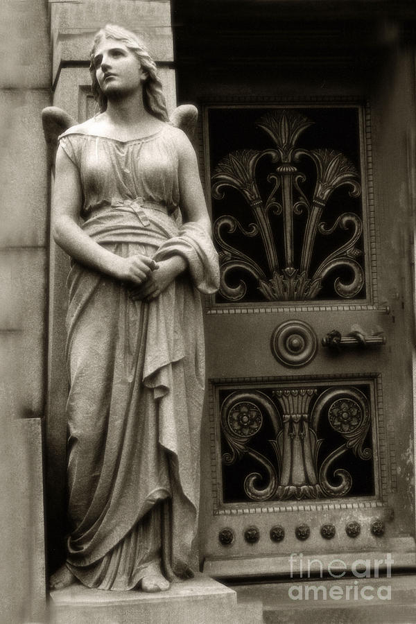 Angel Wings Photograph - Angel Statue Standing At Mausoleum Door  by Kathy Fornal