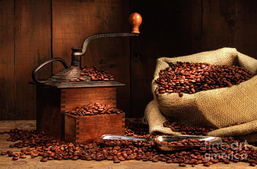 Antique coffee grinder with beans Photograph by Sandra Cunningham