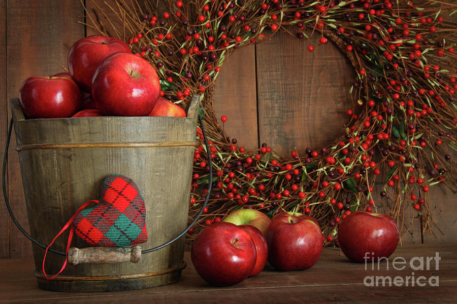 Fall Photograph - Apples in wood bucket for holiday baking by Sandra Cunningham
