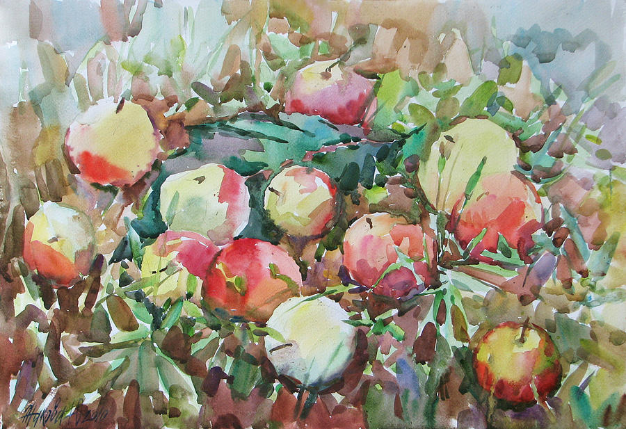 Apples on grass Painting by Juliya Zhukova