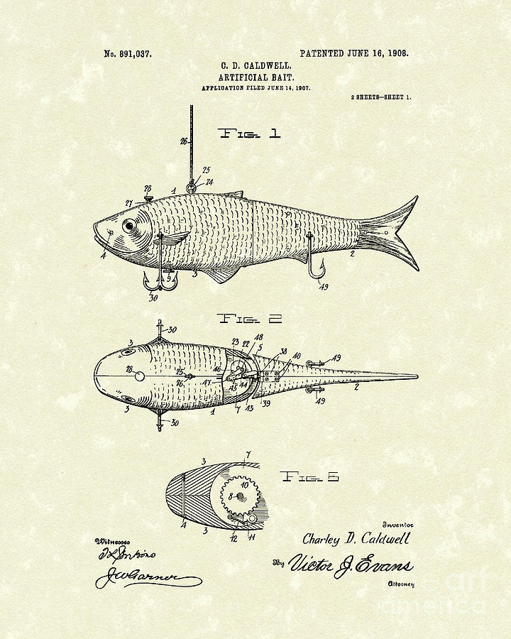 Artificial Bait 1908 Patent Art Drawing by Prior Art Design