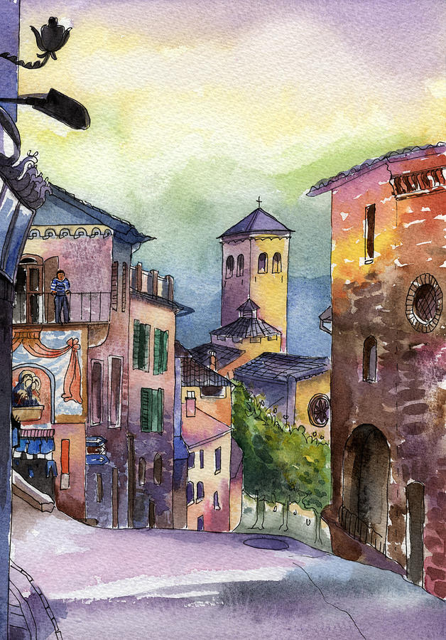 Original ink and watercolor art sketch of street scene in Assisi, Unique  artistic aquarella art. Italian city travel illustration home gift.