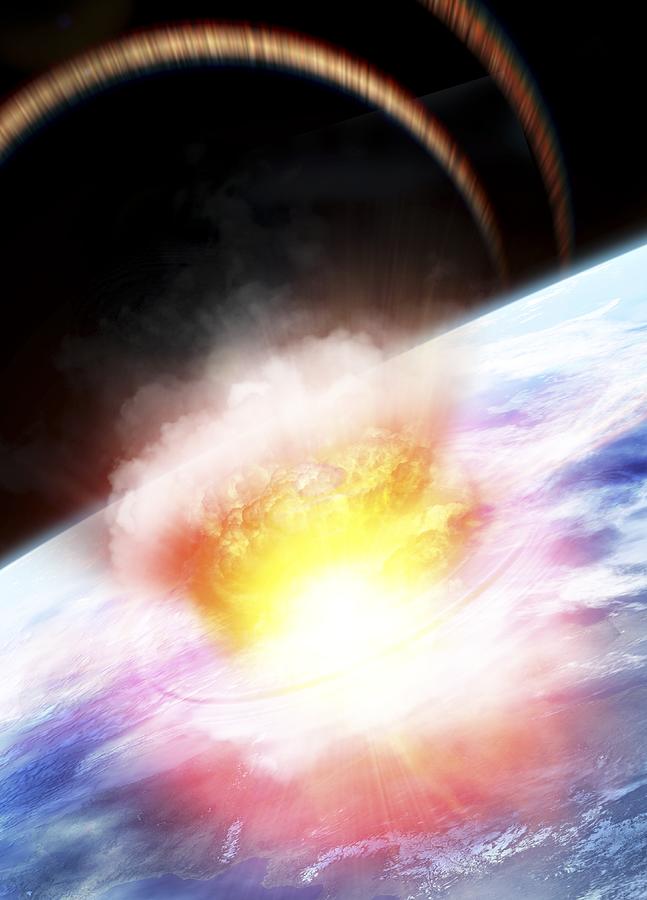 Space Digital Art - Asteroid Impact Seen From Space, Artwork by Victor Habbick Visions