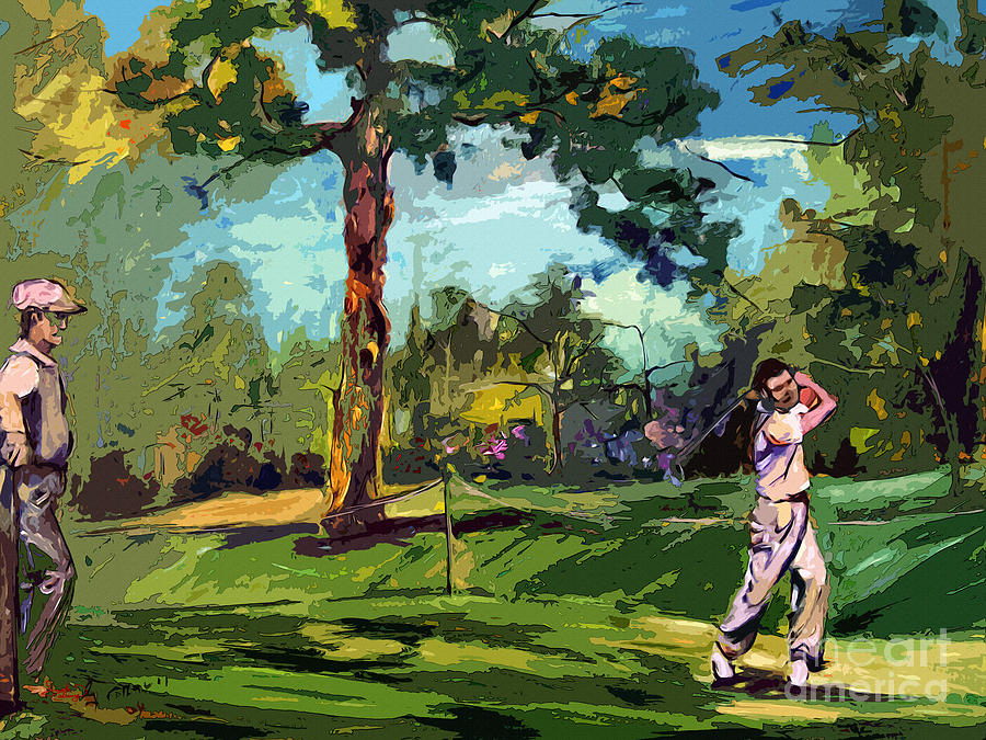 At The Golf Course Vintage Golfers Painting by Ginette Callaway