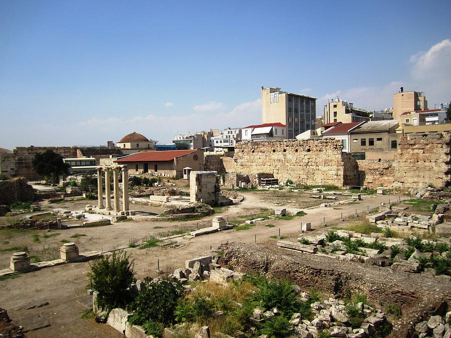 Athens Ancient Ruins Columns Near Plaka District in Greece Photograph by John Shiron