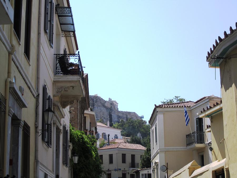 Athens View of Acropolis from Down Below in Plaka Greece Photograph by John Shiron