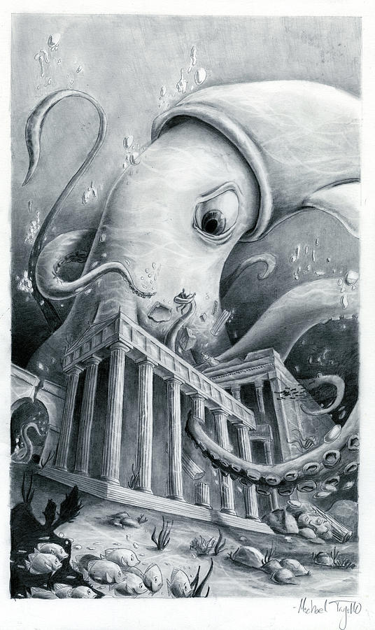 Greek Drawing - Attacking Squid by Michael Trujillo