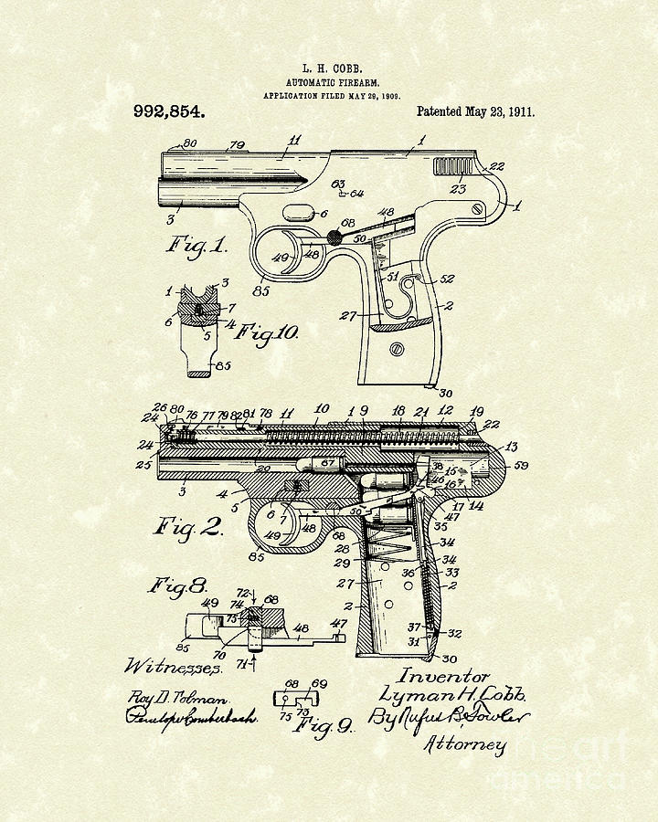 Automatic Firearm 1911 Patent Art Drawing by Prior Art Design