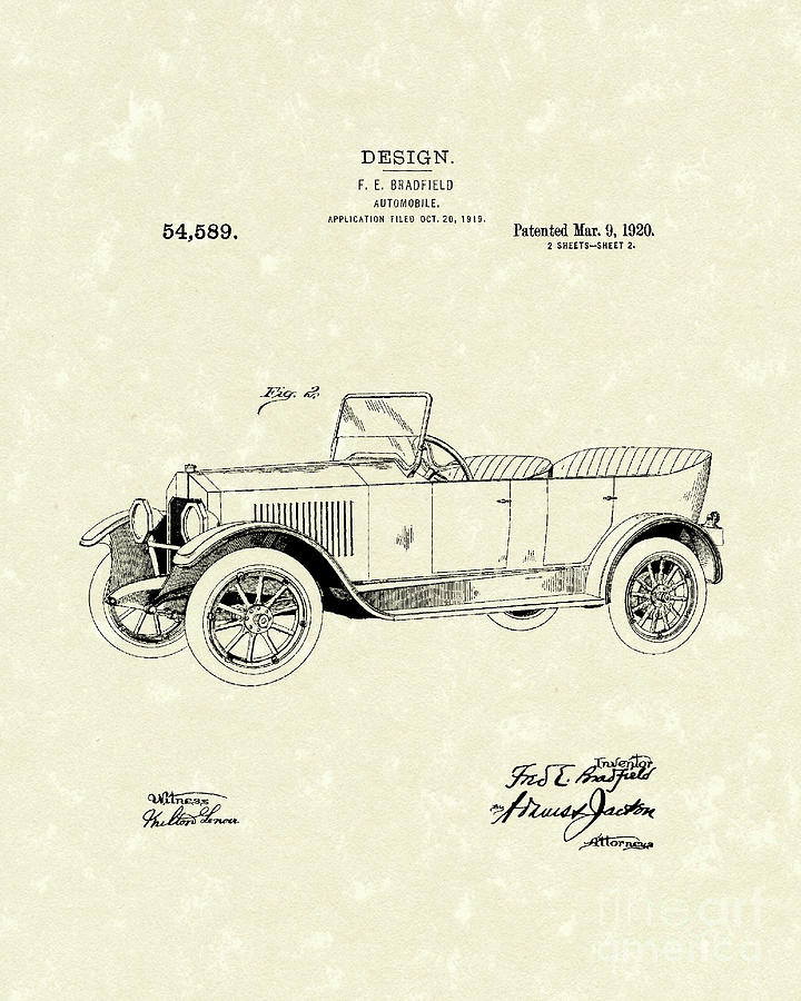 Car Drawing - Automobile Bradfield 1920 Patent Art  by Prior Art Design