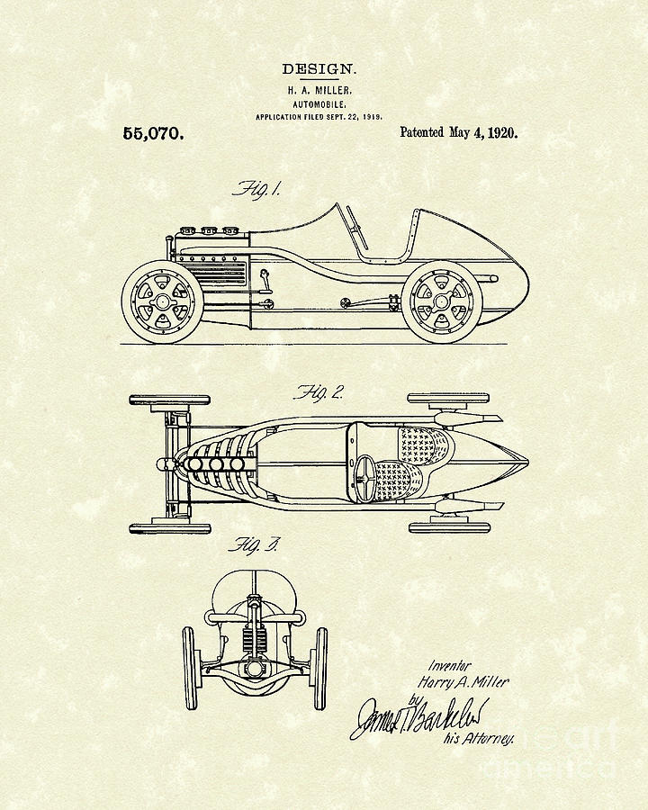 Automobile Miller 1920 Patent Art Drawing by Prior Art Design