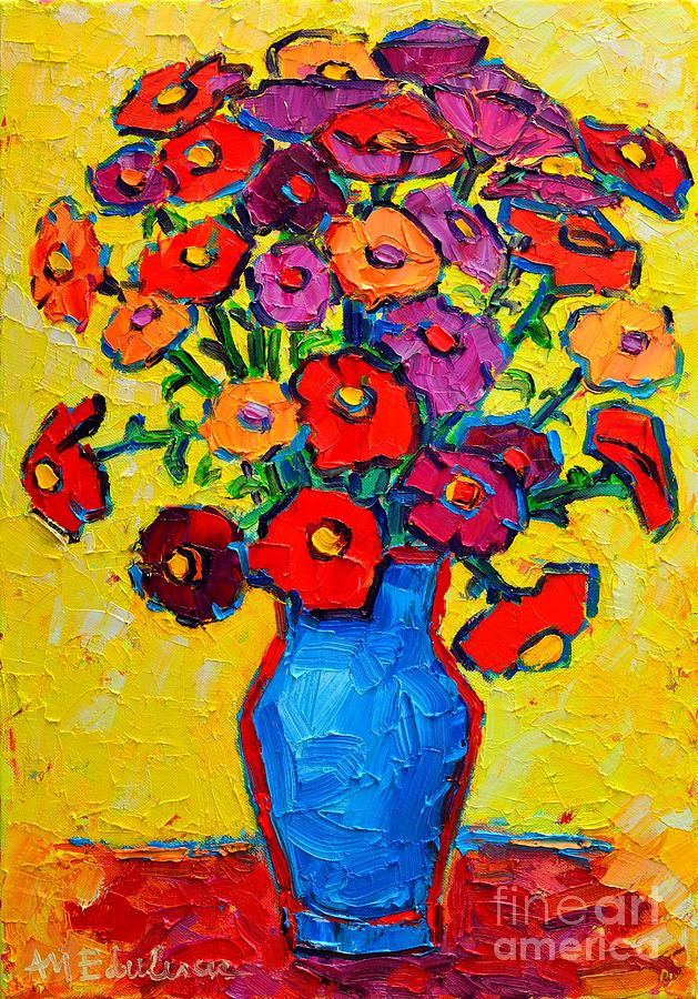 Flower Painting - Autumn Flowers Zinnias Original Oil Painting by Ana Maria Edulescu