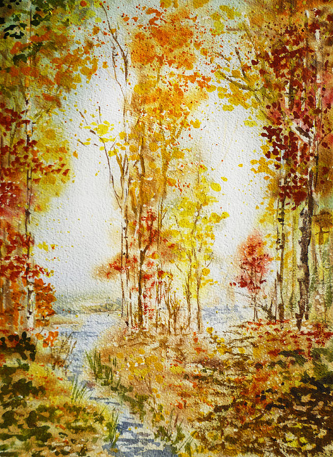 Autumn Forest Falling Leaves Painting by Irina Sztukowski