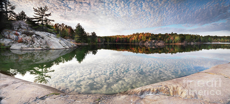 Fall Photograph - Autumn Nature Lake Rocks and Trees Panorama by Maxim Images Exquisite Prints