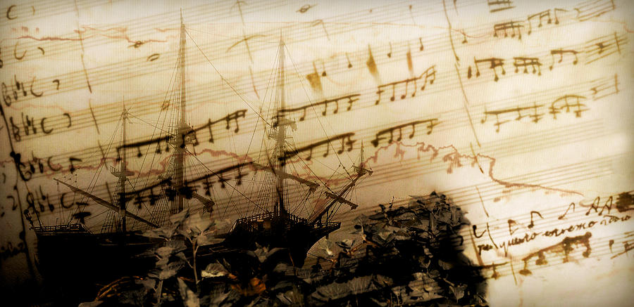 autumn sail with mozart - Original partiture notes become seagulls flying in a see of sensibility  Photograph by Pedro Cardona Llambias