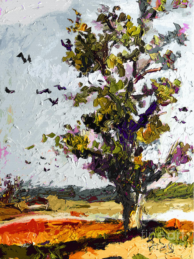 Autumn Tree Bird Migration Modern Art Painting by Ginette Callaway