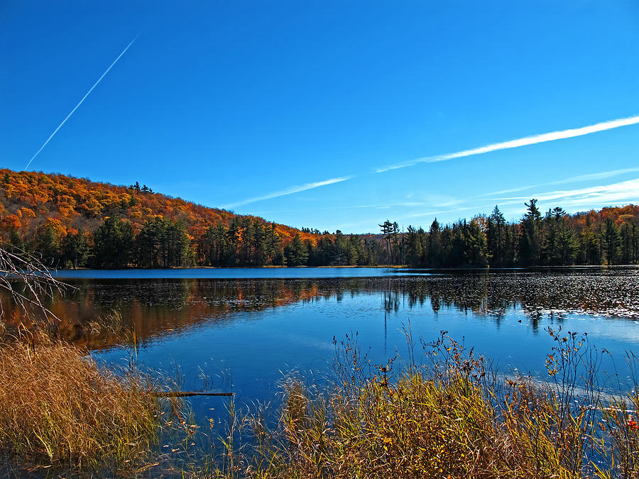 Landscape Photograph - Autumn Waterscape in Fall Colours - Lake Mirror Landscape in a Forest w Airplane Exhaust Trails  by Chantal PhotoPix